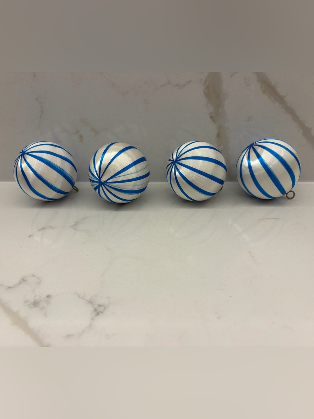 4 Vintage White and Blue Satin Sateen Thread Christmas Ball Decorative Ornaments